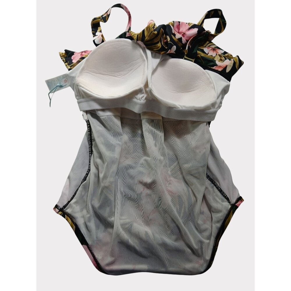 Kona Sol 16W Black Green Pink Floral Ruffle Front One Piece Swimsuit 16W Plus - Picture 11 of 13